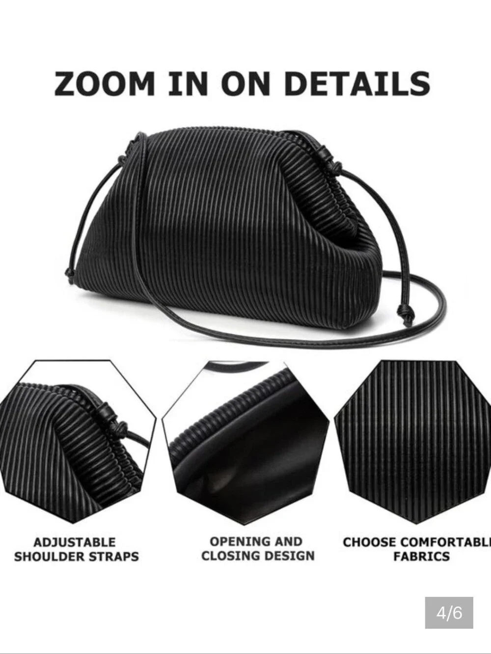 KingTo Black Ribbed Vegan Leather Cloud Crossbody Bag